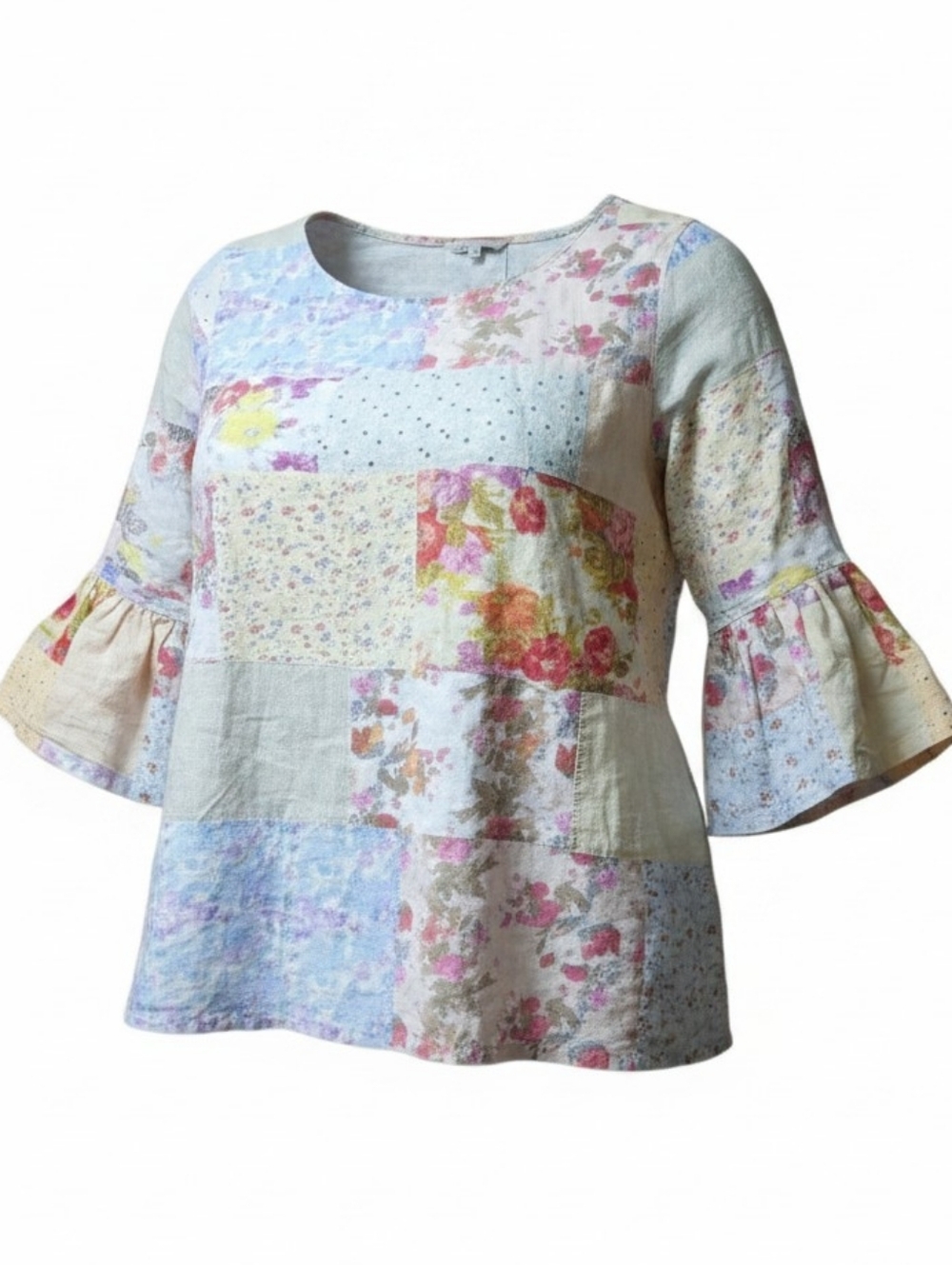 JOHN MARK | 100% Linen Artsy Patchwork Blouse Top Floral Boho Bell Sleeve | M